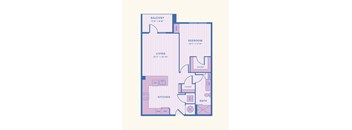 A floor plan of a home with a living room, kitchen, bathroom, bedroom, and balcony.