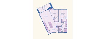 A floor plan of a house with a living room, office, bedroom, and kitchen.