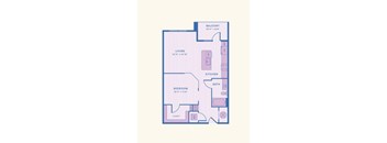 A floor plan of a home with a living room, kitchen, bedroom, bathroom, and balcony.