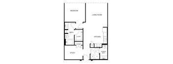 A floor plan of a house with a bedroom, living room, kitchen, study, and two bathrooms.