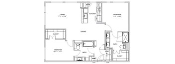 A black and white image of a floor plan for a home with a living room, kitchen, dining room, and two bedrooms.