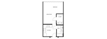 A floor plan of a small apartment with a bedroom, living room, kitchen, and bathroom.