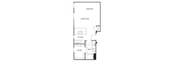 A floor plan of a small apartment with a living room, kitchen, bathroom, and closet.