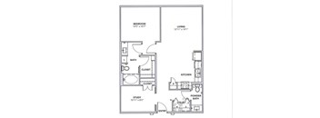 A floor plan of a small apartment with a bedroom, living room, study, kitchen, and bathrooms.