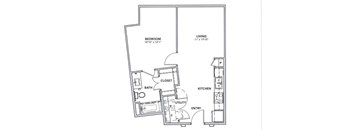 A floor plan of a small apartment with a bedroom, bathroom, kitchen, living room, and utility space.