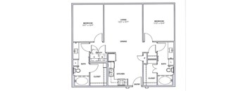 A floor plan of a two bedroom apartment with a living room, dining room, kitchen, bathrooms, and closets.