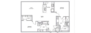 A floor plan of a home with a living room, kitchen, dining room, and two bedrooms.