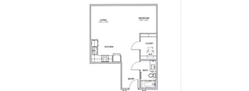 A floor plan of a small apartment with a living room, kitchen, bathroom, and bedroom.