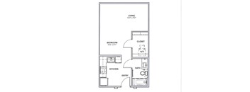 A floor plan of a small apartment with a living room, bedroom, kitchen, bathroom, and closet.