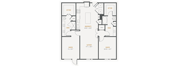 A black and white floor plan of a house with a garage, two bedrooms, a living room, a dining room, a kitchen, a bathroom, and a laundry area.