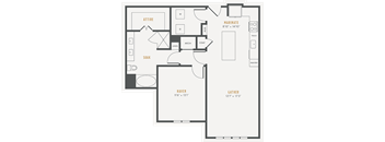 A floor plan of a house with a living room, kitchen, and bathroom.