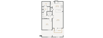 A floor plan of a house with a garage, living room, dining room, kitchen, and bathrooms.