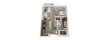 A top-down view of a small apartment layout with a kitchen, living room, and bedroom.