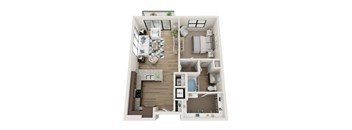 A 3D floor plan of a small apartment with a kitchen, living room, and bedroom.