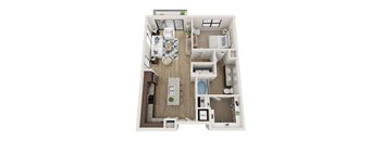 A floor plan of a small apartment with a kitchen, living room, and bathroom.