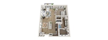 A floor plan of a small apartment with a kitchen, living room, and bathroom.