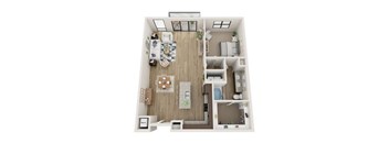 A top-down view of a small apartment with a kitchen, living room, and bathroom.