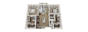 A dollhouse with a kitchen, living room, and dining room.