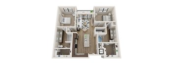 A floor plan of a two bedroom apartment with a living room and kitchen.