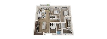 A 3D floor plan of a house with a living room, kitchen, dining room, and bedrooms.