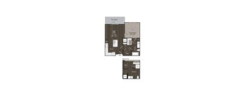 A floor plan of a house with a kitchen, living room, and bathroom.