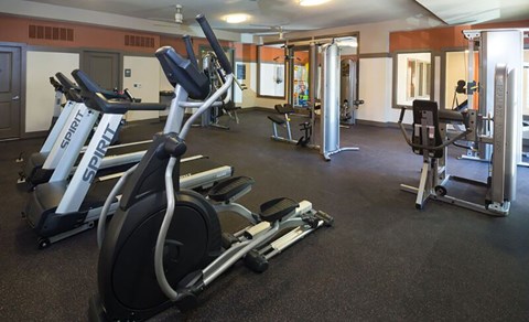 A gym with a variety of equipment including treadmills, stationary bikes, and weight machines.