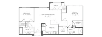 A black and white floor plan of a house with a porch, two bedrooms, a living/dining room, a kitchen, a utility room, a bath, and a walk-in closet.