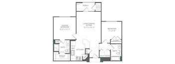 A black and white image of a house floor plan with a porch, two bedrooms, a living area, a kitchen, a bathroom, a utility room, and a pantry.