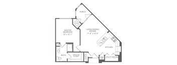 A black and white image of a house floor plan with a porch, master bedroom, living/dining rooms, kitchen, bath, walk-in closet, utility room, and pantry.