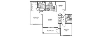 A black and white image of a house floor plan with a dining room, living room, kitchen, and two bedrooms.