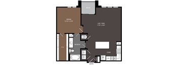 A floor plan of a house with a living room, dining room, kitchen, and a bedroom.