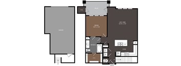 A floor plan of a house with a garage, a living room, a dining room, a kitchen, a laundry room, and an entry.