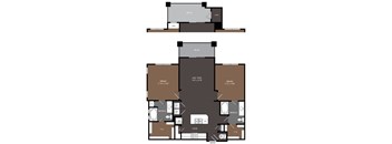 A floor plan of a house with two bedrooms, a living room, a dining room, a kitchen, and a bathroom.