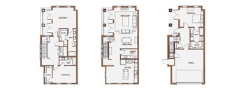 Three floor plans of a house with labeled rooms.