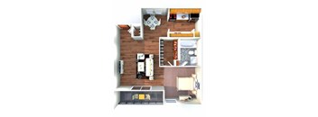 A floor plan of a small apartment with a kitchen, living room, and bedroom.