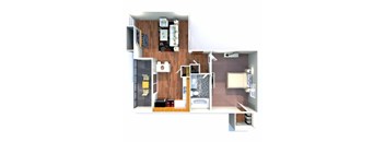 A top down view of a small apartment with a kitchen, living room, and bathroom.