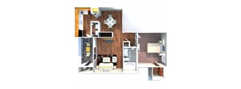 A 3D rendered image of a small apartment layout.