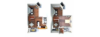 Two images of a house layout with a kitchen, living room, and bedrooms.