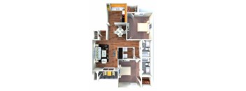 A floor plan of a house with a kitchen, living room, dining room, and two bedrooms.