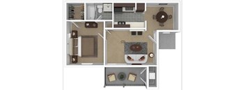 A floor plan of a small apartment with a kitchen, living room, and bathroom.