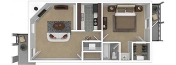 A floor plan of a small apartment with a kitchen, living room, and bedroom.