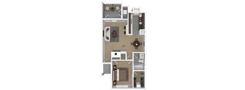 A floor plan of an apartment with a kitchen, living room, and bathroom.
