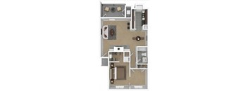 A floor plan of a small apartment with a kitchen, living room, and bathroom.