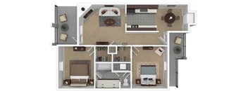 A floor plan of a house with a kitchen, living room, and two bedrooms.