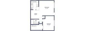 A floor plan of a small apartment with a living area, kitchen, dining space, bathroom, and bedroom.