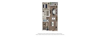 A 3D floor plan of a small apartment with a living room, bedroom, bathroom, den, and kitchen.