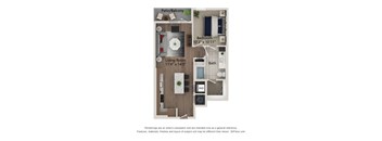 A floor plan of a small apartment with a living room, bedroom, and bathroom.