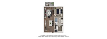 A floor plan of a small apartment with a living room, kitchen, and two bedrooms.