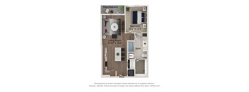 A floor plan of a small apartment with a living room, bedroom, and bathroom.