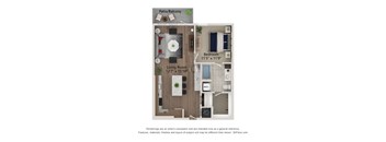 A 3D floor plan of a small apartment with a living room, kitchen, and bedroom.